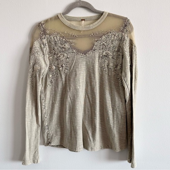 Free People Micha embroidered mesh beaded long sleeve tee gray combo - Picture 4 of 8
